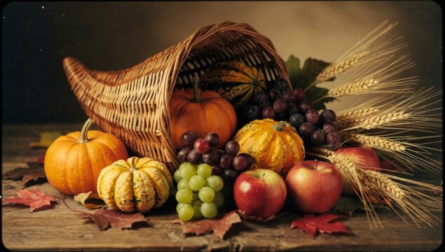Woven cornucopia spilling autumn harvest fruits and pumpkins
