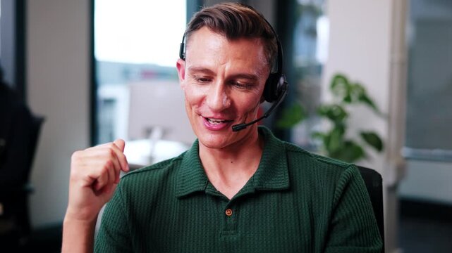 Telemarketing, happy and agent with headset in call center for policy pitch, benefits or coverage. Consulting, man and microphone with outbound contact for insurance cover, explain terms or coworking