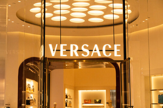 Bangkok, Thailand - September 3, 2026:  golden Versace Logo on wall of shop in Bangkok. It is an Italian fashion brand company founded by Gianni Versace in 1978
