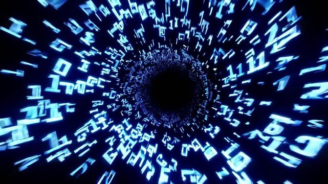 Spiral of binary digits into void, swirling ones and zeros around central black core with neon blue glow and motion blur, intense sense of highspeed data transfer and encryption suitable