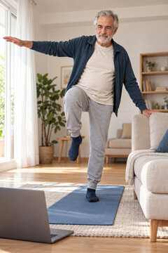 Senior man practicing a balance exercise in a bright living room