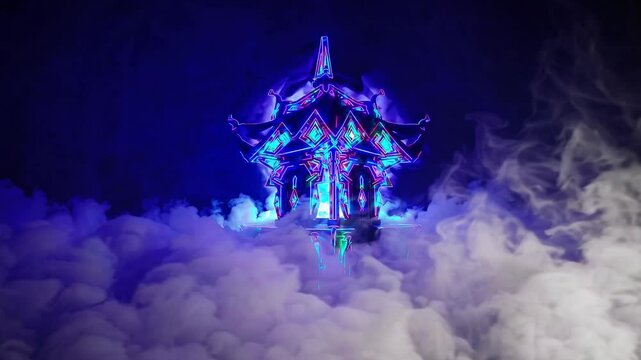 Neon pagoda above dense cloud banks glowing with cyan and purple light, ornate pagoda silhouette rising from swirling fog and vapor, luminescent details, cinematic lowangle view, ambient smoke