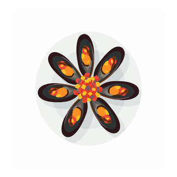 Vector illustration of cooked mussels arranged in a flower shape on a plate with garnish