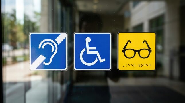 Three square accessibility signs on a glass door, featuring icons for hearing impairment, wheelchair access, and vision impairment with braille text international day of persons with disabilities
