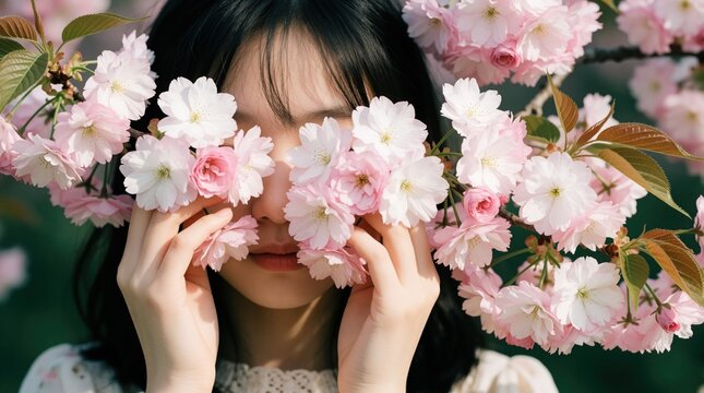 Young woman hides face behind blooming pink cherry blossoms. Pretty girl covers eyes, mouth with spring flowers. Beautiful female hides in floral nature pattern. Concept of shy introvert mystery in