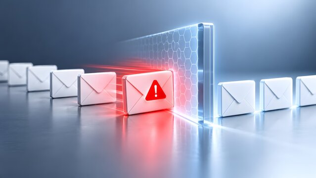 Email security concept showing a digital firewall blocking a red warning envelope containing spam or phishing malware among safe messages.