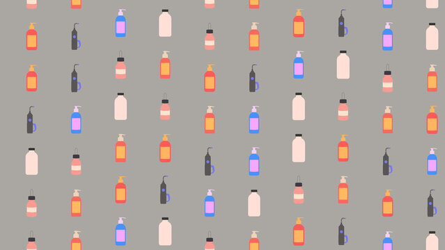 Seamless pattern of illustrated cosmetic and cleaning bottles