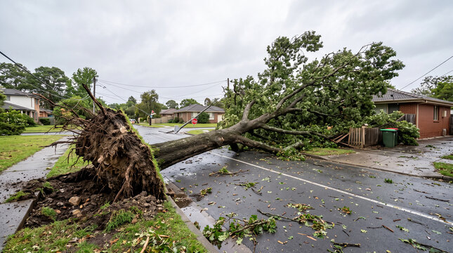 Uprooted tree lying on a street after a storm from hurricanes  
