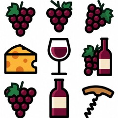Fototapeta premium Wine tasting icon set. Collection includes grapes, cheese, red wine glass, bottle, corkscrew. Flat style graphic elements for winery menu, vineyard branding, restaurant decor alcohol production app.