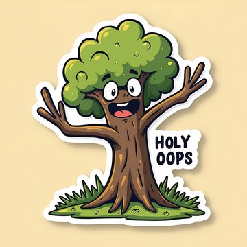 Tree character with raised branch arms and holy oops text