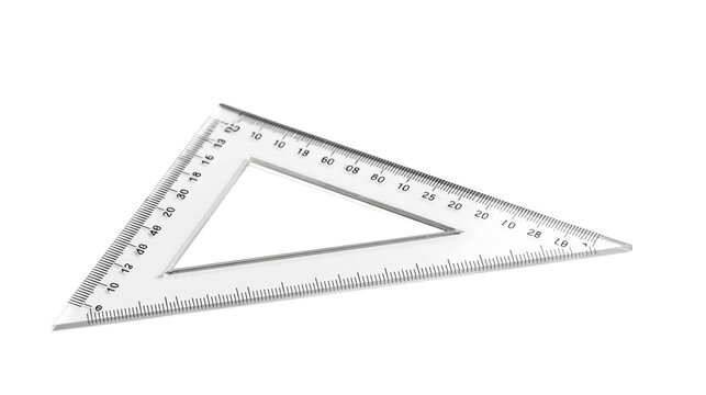 Plastic triangular ruler with metric and degree measurement markings