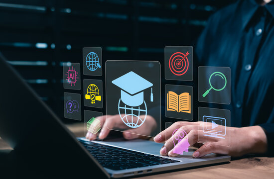 AI education and global digital learning concept. Student using laptop to representing online study, intelligent tutoring, research, knowledge discovery, skills development, educational innovation