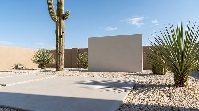 Modern concrete wall in a sunny desert garden with tall cactus and green succulent plants. arizona yard