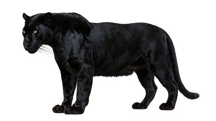 Majestic black panther standing with amber eyes and sleek dark fur © Fionnan