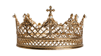 Ornate golden royal crown with intricate filigree metalwork and white pearls © Fionnan