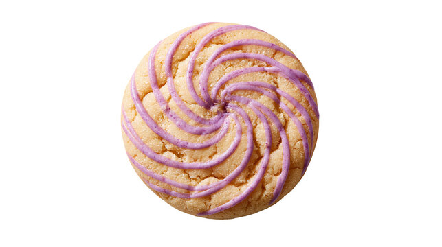 Round golden shortbread cookie with purple icing swirl pattern