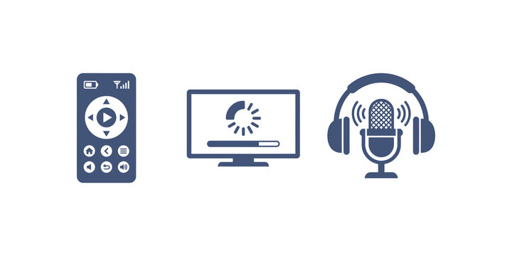 Remote control, loading screen, and headphones microphone icons.