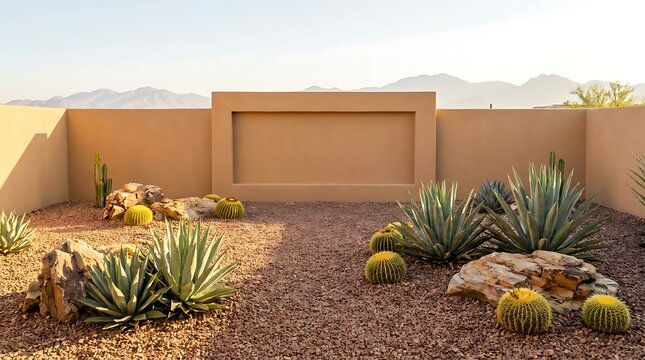 Modern desert backyard garden with agave plants cactus rocks and purple gravel ground in arizona. arizona yard