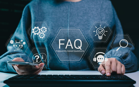FAQ, Frequently Asked Questions Support Concept. Person using laptop with icon related to search, information, chat, customer service, support represent online help, user assistance, helpdesk, Q and A