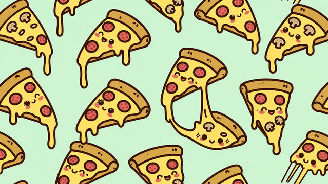 A seamless pattern featuring a stylized cartoon pizza with cheerful expressions and gooey, stretchy cheese.
