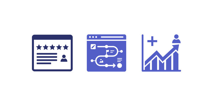 Review rating system and business growth chart with user icon.