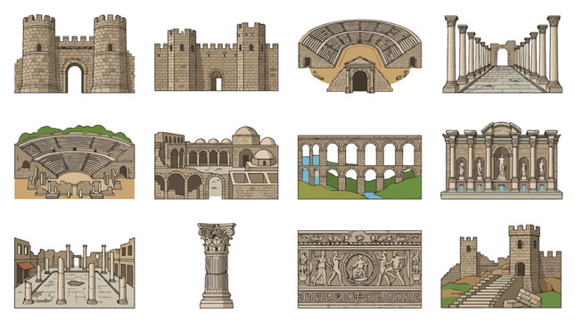 Ancient Ruins of Perge Hellenistic Gate and Fortress Walls Vector Illustration Antalya Turkey Archaeological Site Roman Architecture Landmark Heritage Tourism Concept
