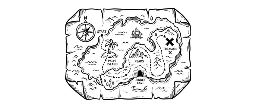 Hand-drawn treasure map illustration with 'X marks the spot'