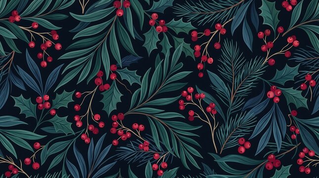 christmas Seamless botanical pattern with holly berries and pine branches on a dark blue background