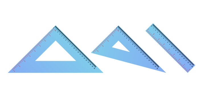 Set of blue triangular and straight rulers with measurement markings isolated on white for school supplies