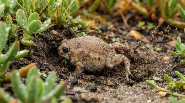 Desert rain frog digging into the sandy soil with its hind legs in a natural coastal habitat