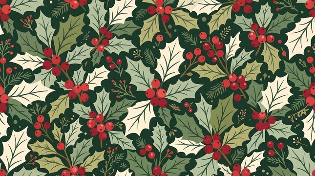 christmas Seamless pattern of holly leaves and red berries on a deep green background for seasonal decor