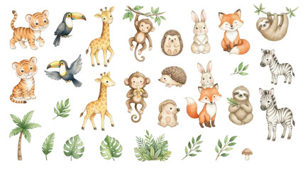 Fototapeta premium Cute watercolor jungle animals collection with tropical leaves for nursery room wall art decor
