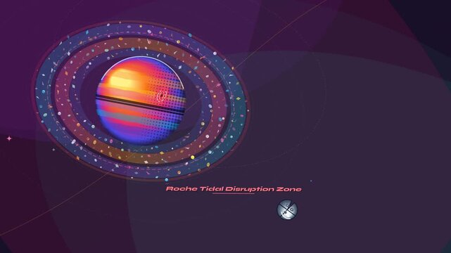Educational animation of the Roche Limit and planetary ring genesis, demonstrating tidal disruption, differential gravity, and keplerian velocity shear stretching debris into a symmetric ring disk