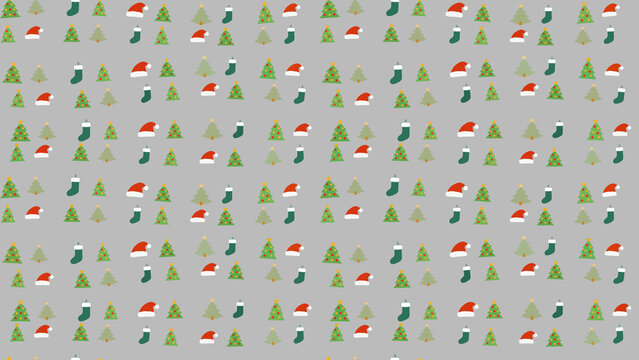 Christmas pattern with trees, Santa hats, and stockings
