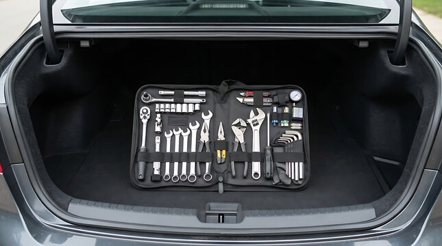 An open car trunk revealing a black zippered tool kit containing a variety of wrenches, sockets, pliers, and other automotive repair tools neatly arranged inside