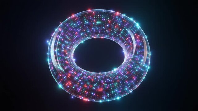 Futuristic 3D torus ring with glowing neon lights and digital circuit patterns in a dark sci-fi cyberspace environment