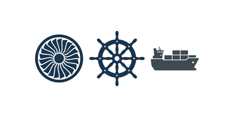 Industrial marine turbine rudder and cargo ship vector symbol elements. © SAJID