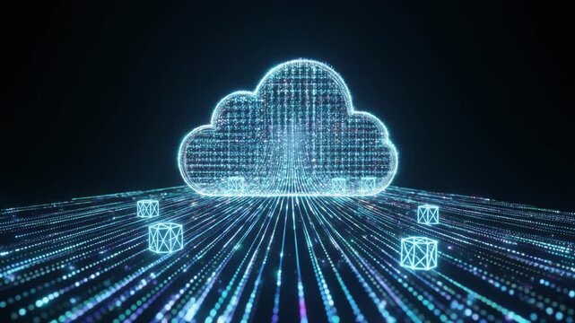 Futuristic cloud computing concept with glowing digital data streams and network connectivity