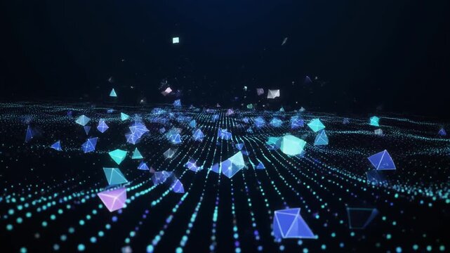 Abstract digital landscape with glowing geometric shapes and particle waves in cyberspace
