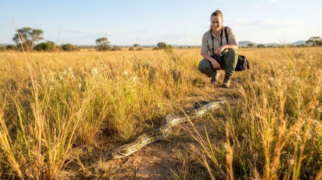A wildlife researcher observes a large African rock python in the golden savanna grasslands
