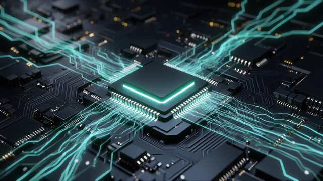 Futuristic central processing unit with glowing digital circuits and data flow on a complex motherboard