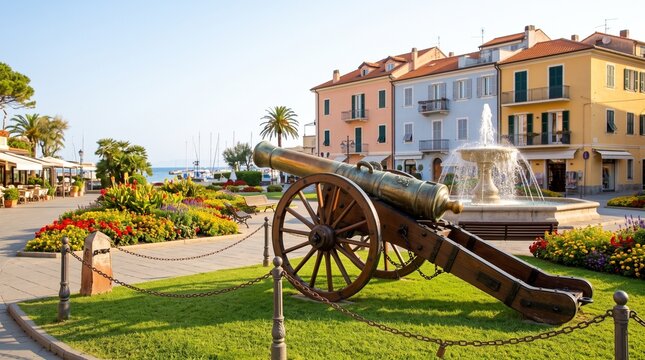 Historic cannon and vibrant flower beds in a charming coastal town square with colorful buildings and a fountain under a clear sky, inviting travel and tourism.