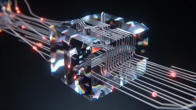 Futuristic quantum computing processor concept with glass cube and glowing fiber optic cables