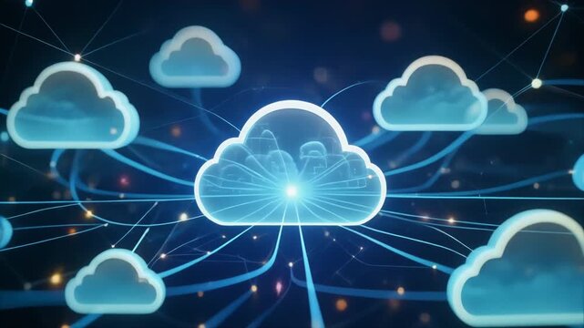 Abstract cloud computing concept with glowing network connections and data transfer visualization