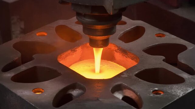 Molten metal pouring in an industrial foundry during high-temperature manufacturing process