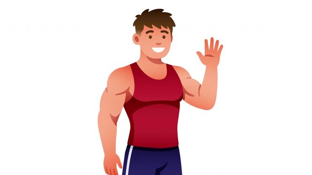 Cheerful muscular illustrated man waving with one hand while wearing a sleeveless red shirt isolated on white Prores Alpha 4K 60 fps Looping