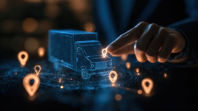 Hand touching glowing digital delivery truck surrounded by location pins, symbolizing logistics and tracking