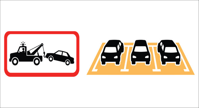 Silhouette of a tow truck assisting a vehicle alongside parked cars on a yellow surface towtruck towing breakdown assistance recovery roadside car automobile transportation black