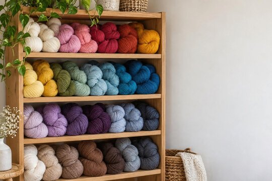Wooden shelf with skeins of colorful wool yarn sorted in rainbow order in bright room with blank wall for text, nobody