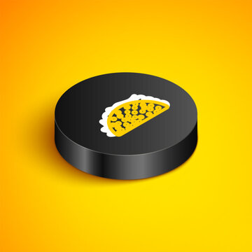 Isometric line Taco with tortilla icon isolated on yellow background. Traditional mexican fast food. Black circle button. Vector